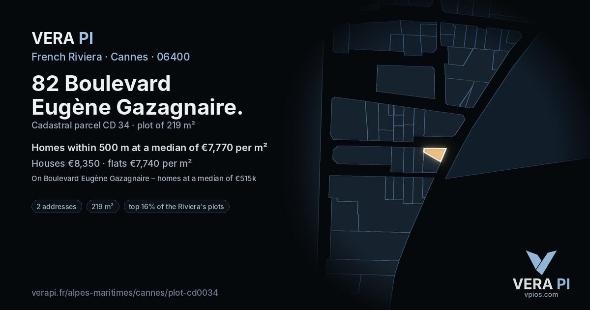 82 Boulevard Eugène Gazagnaire, Cannes at night – the plot lit, the parcels around coloured by the prices near them