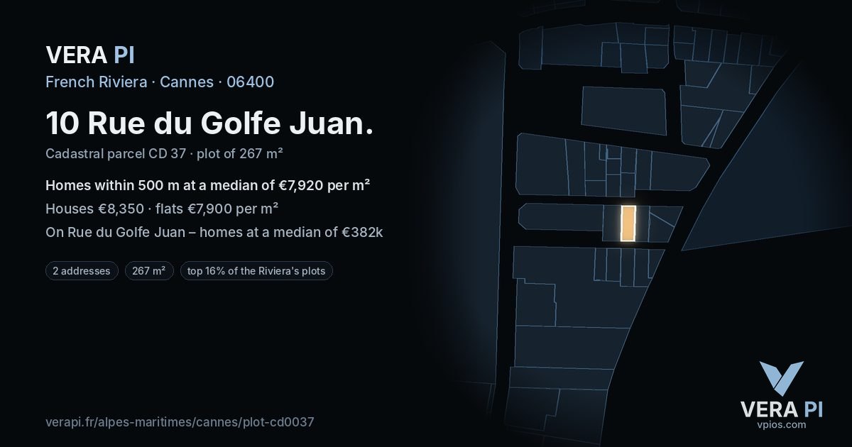 10 Rue du Golfe Juan, Cannes at night – the plot lit, the parcels around coloured by the prices near them