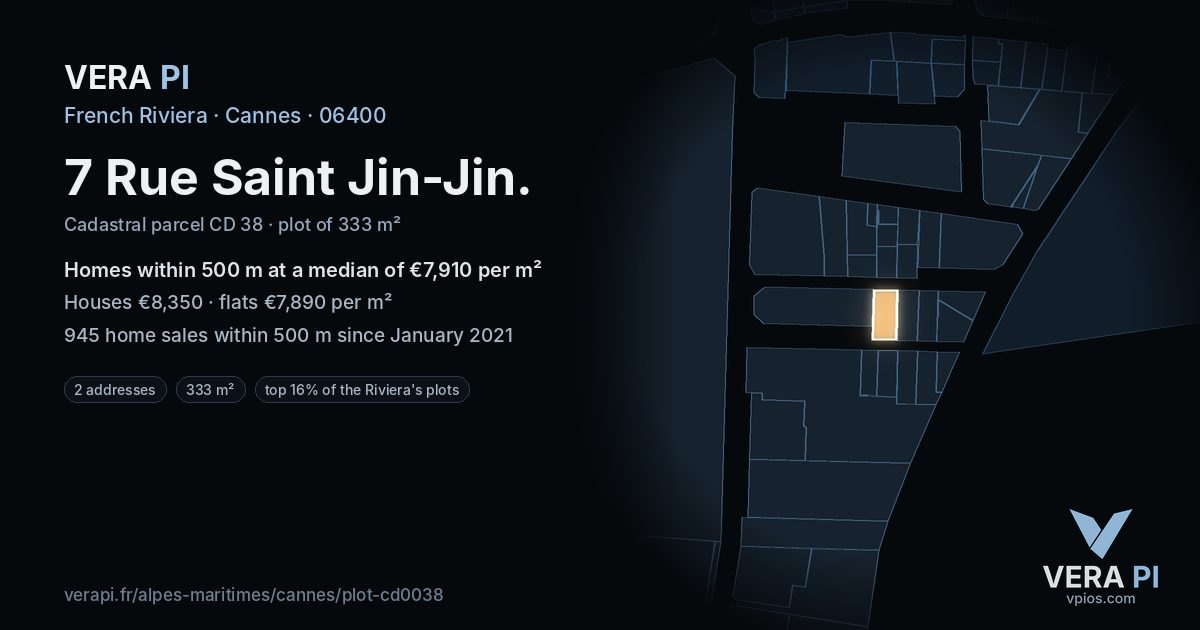 7 Rue Saint Jin-Jin, Cannes at night – the plot lit, the parcels around coloured by the prices near them