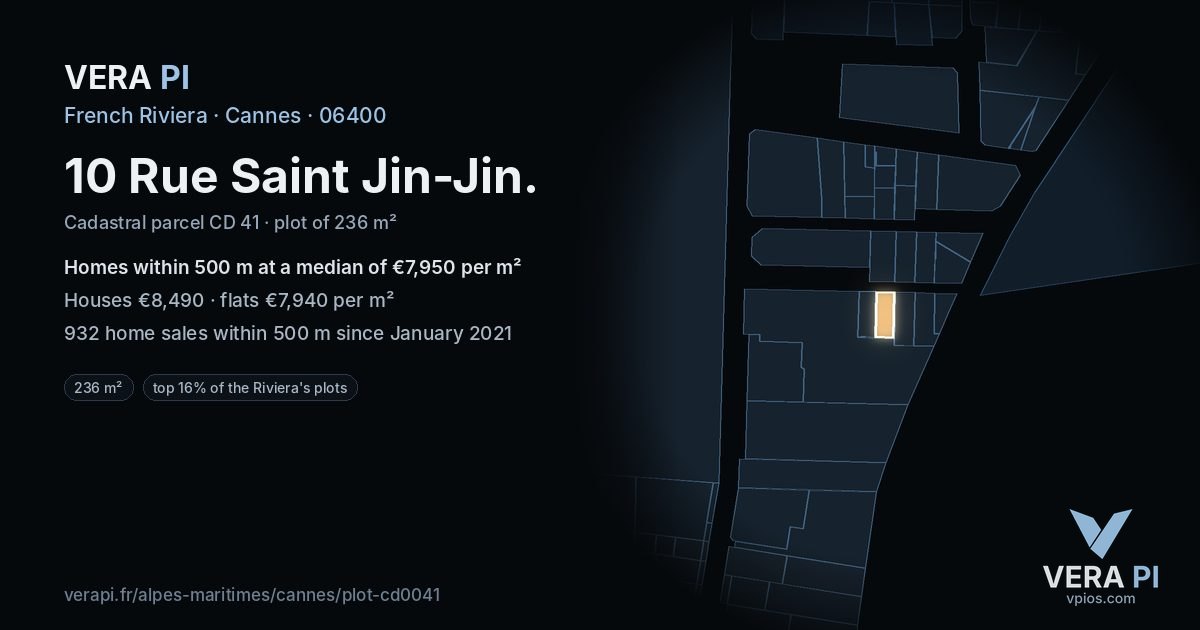 10 Rue Saint Jin-Jin, Cannes at night – the plot lit, the parcels around coloured by the prices near them