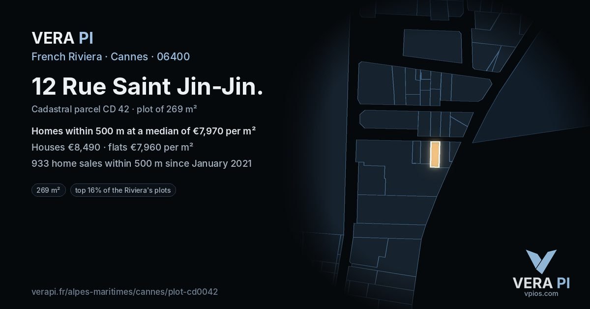 12 Rue Saint Jin-Jin, Cannes at night – the plot lit, the parcels around coloured by the prices near them