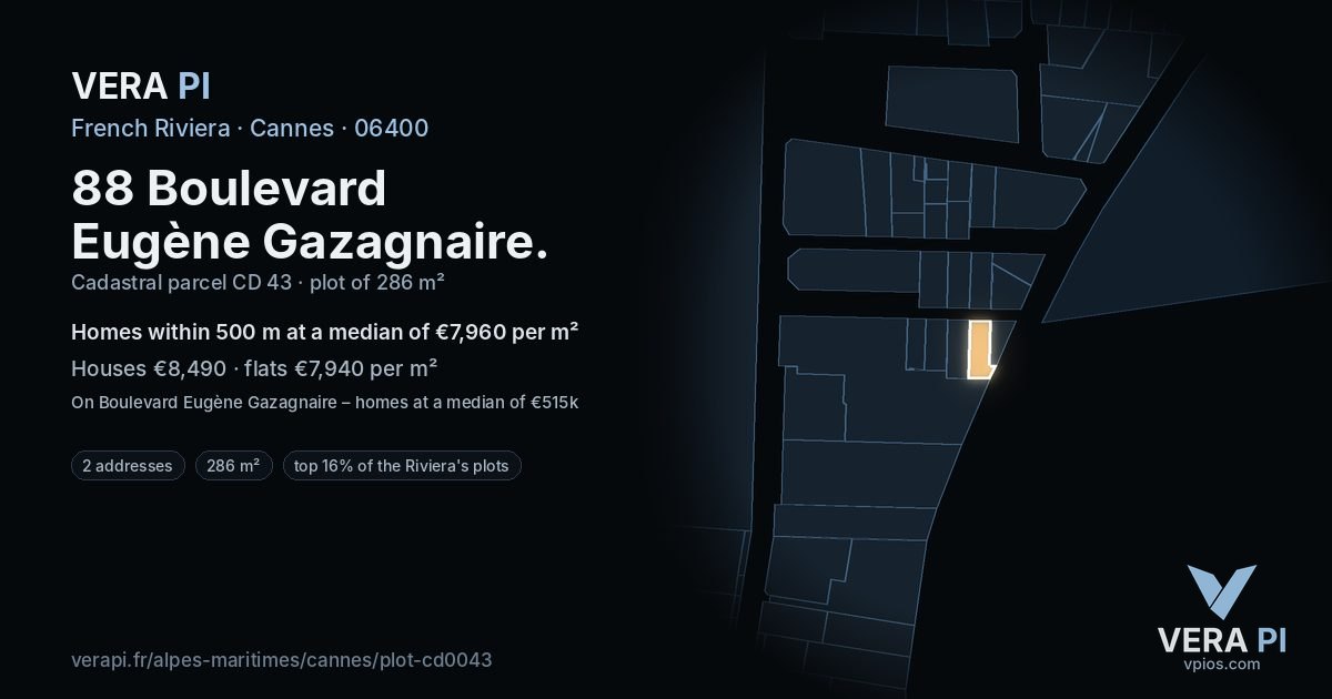 88 Boulevard Eugène Gazagnaire, Cannes at night – the plot lit, the parcels around coloured by the prices near them