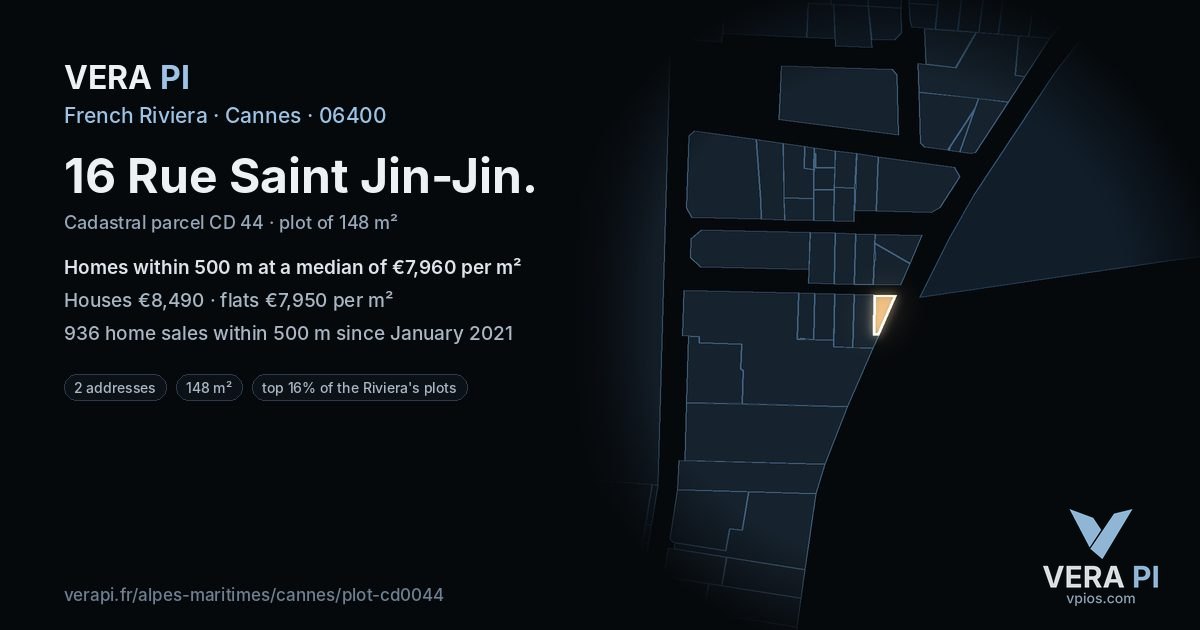16 Rue Saint Jin-Jin, Cannes at night – the plot lit, the parcels around coloured by the prices near them
