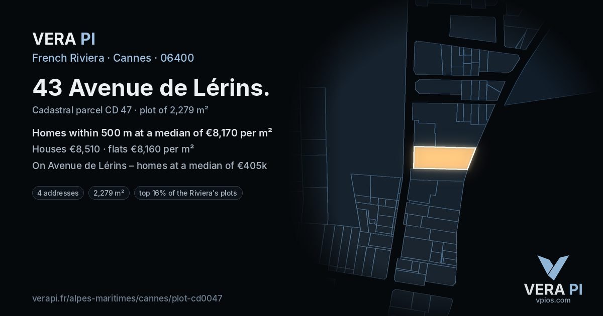 43 Avenue de Lérins, Cannes at night – the plot lit, the parcels around coloured by the prices near them