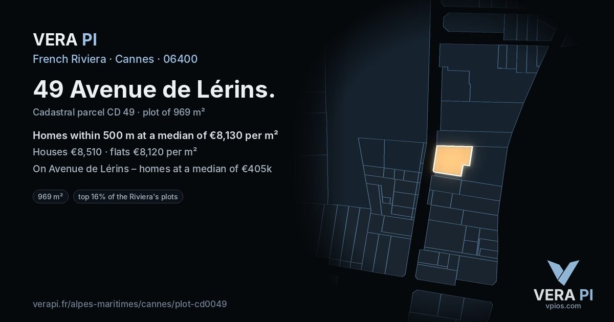 49 Avenue de Lérins, Cannes at night – the plot lit, the parcels around coloured by the prices near them