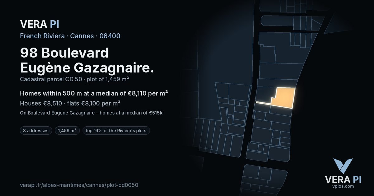 98 Boulevard Eugène Gazagnaire, Cannes at night – the plot lit, the parcels around coloured by the prices near them