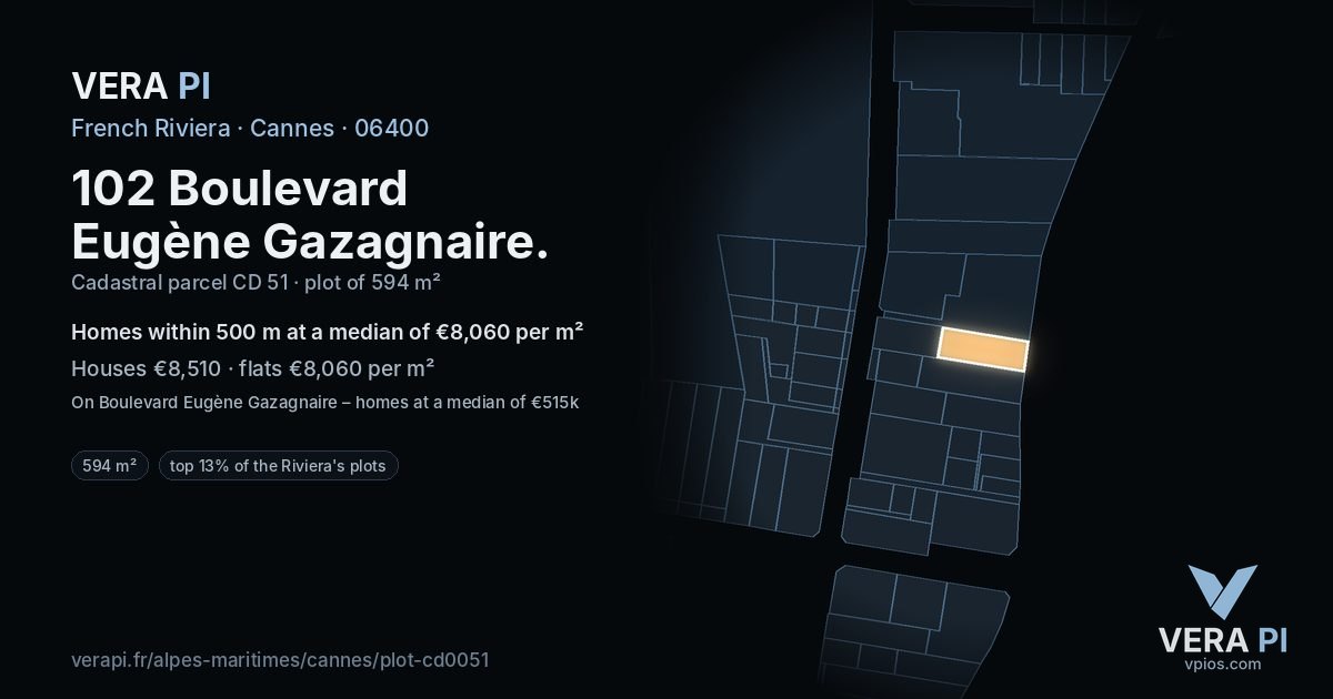 102 Boulevard Eugène Gazagnaire, Cannes at night – the plot lit, the parcels around coloured by the prices near them