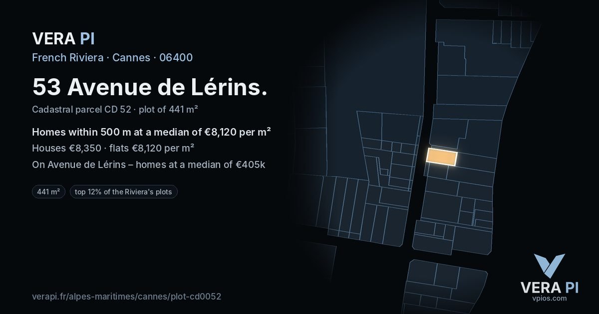 53 Avenue de Lérins, Cannes at night – the plot lit, the parcels around coloured by the prices near them