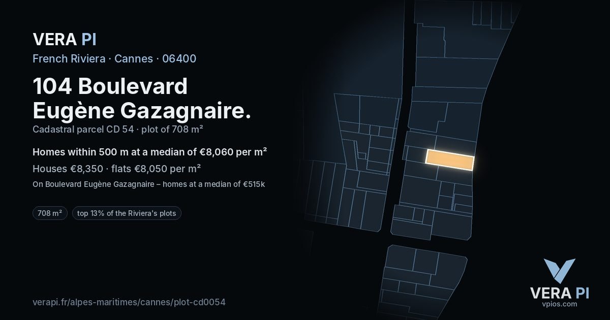 104 Boulevard Eugène Gazagnaire, Cannes at night – the plot lit, the parcels around coloured by the prices near them