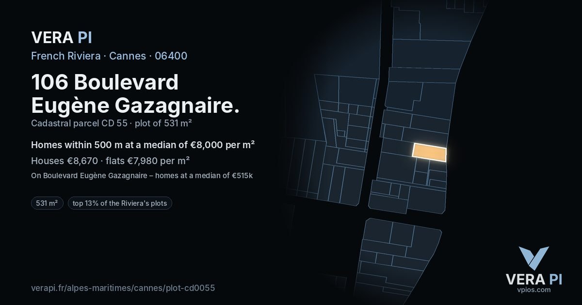 106 Boulevard Eugène Gazagnaire, Cannes at night – the plot lit, the parcels around coloured by the prices near them