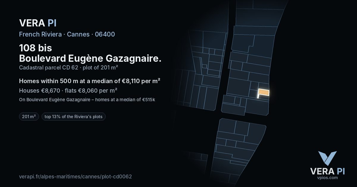 108 bis Boulevard Eugène Gazagnaire, Cannes at night – the plot lit, the parcels around coloured by the prices near them