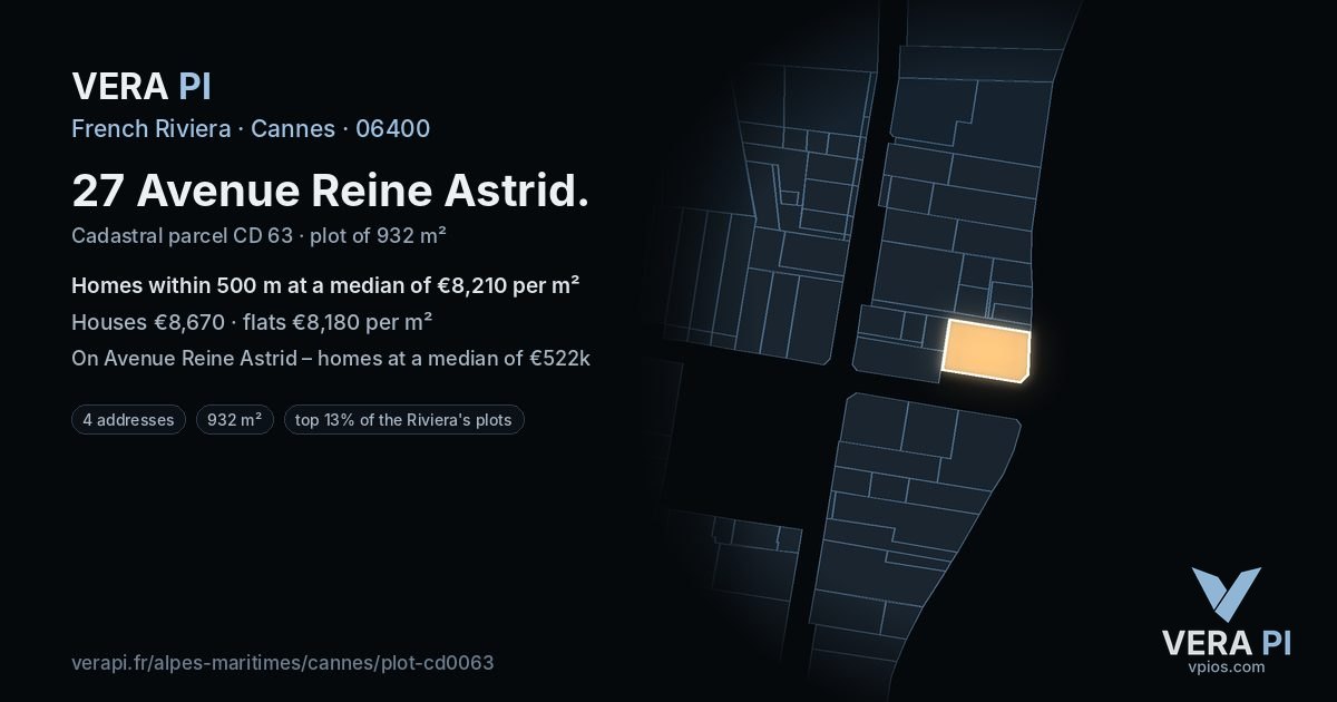 27 Avenue Reine Astrid, Cannes at night – the plot lit, the parcels around coloured by the prices near them