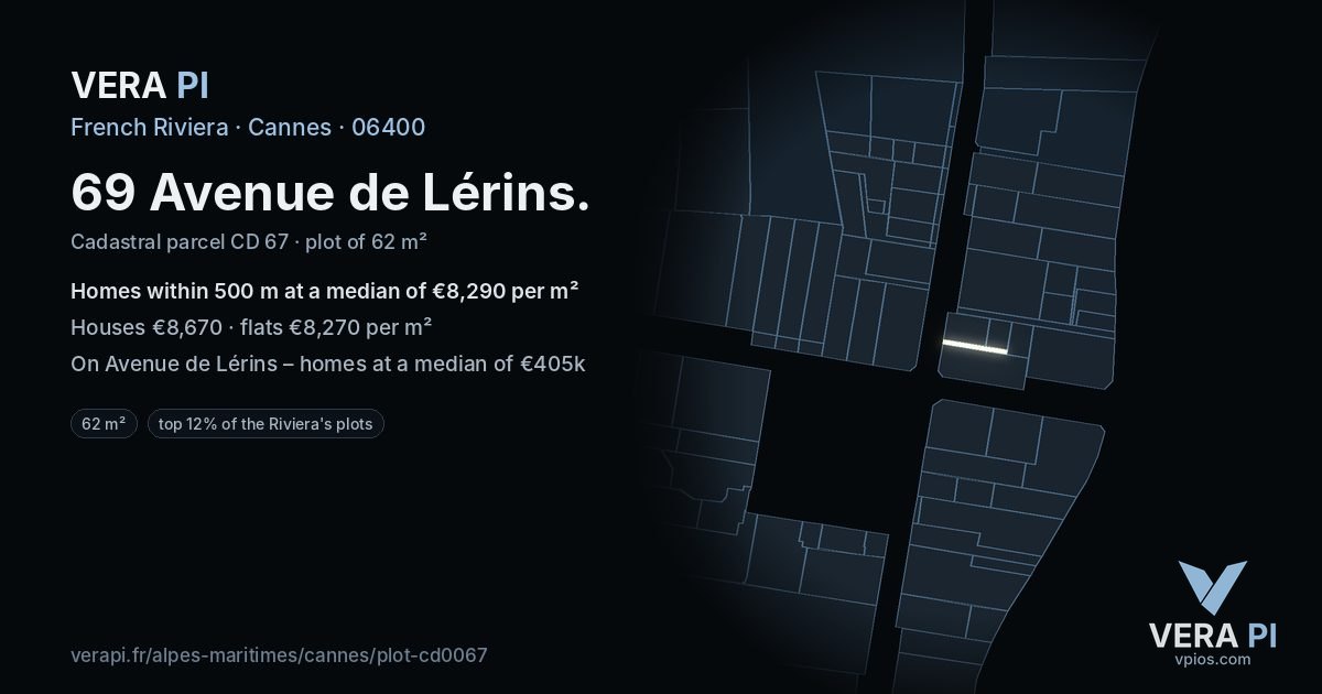 69 Avenue de Lérins, Cannes at night – the plot lit, the parcels around coloured by the prices near them