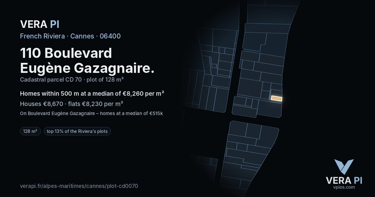 110 Boulevard Eugène Gazagnaire, Cannes at night – the plot lit, the parcels around coloured by the prices near them