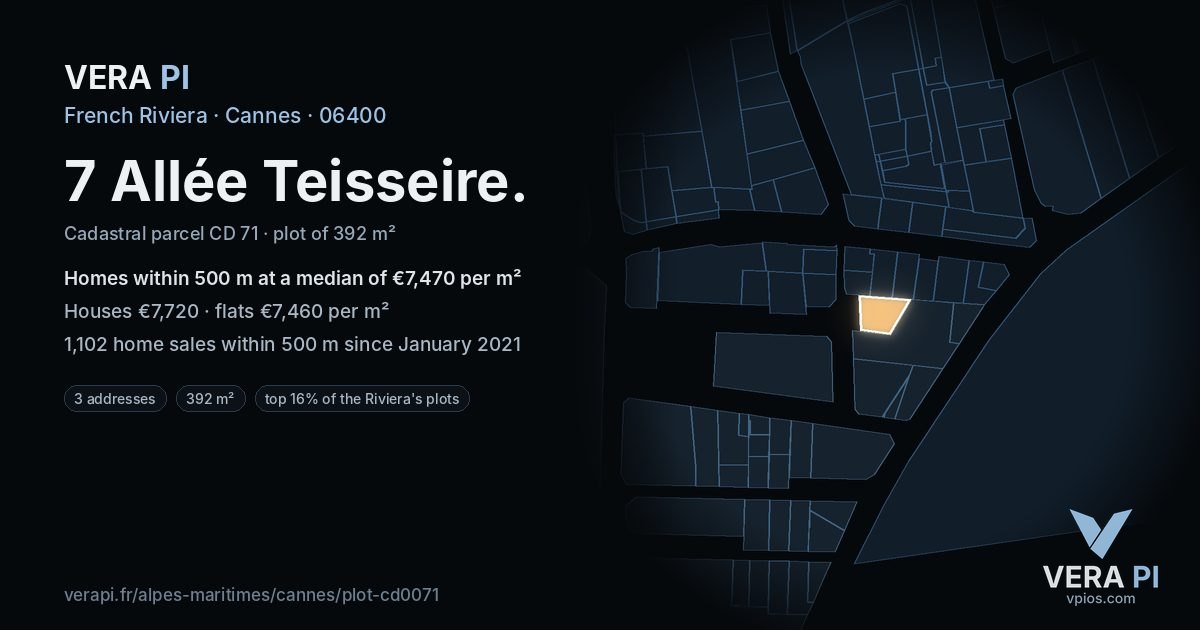 7 Allée Teisseire, Cannes at night – the plot lit, the parcels around coloured by the prices near them