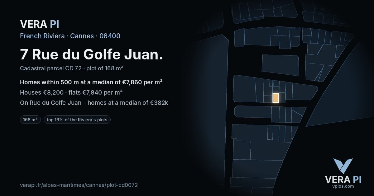 7 Rue du Golfe Juan, Cannes at night – the plot lit, the parcels around coloured by the prices near them