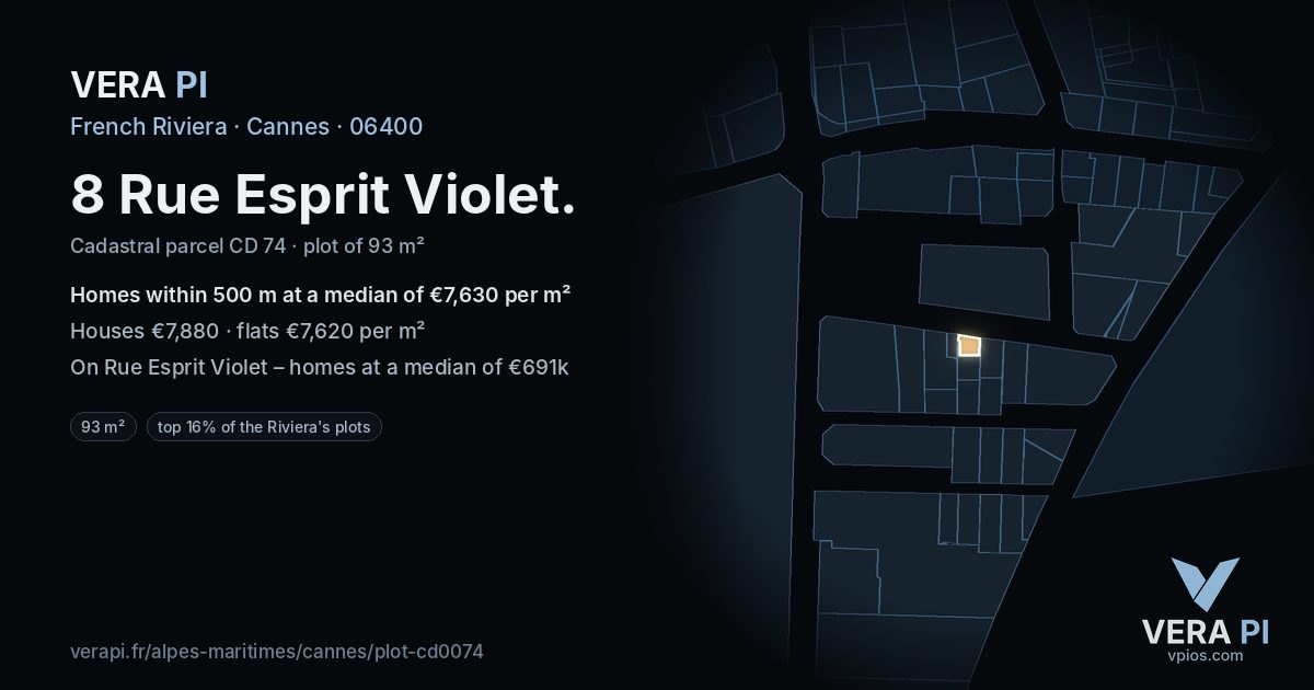 8 Rue Esprit Violet, Cannes at night – the plot lit, the parcels around coloured by the prices near them