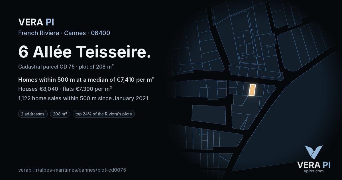 6 Allée Teisseire, Cannes at night – the plot lit, the parcels around coloured by the prices near them