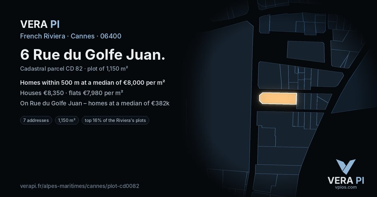 6 Rue du Golfe Juan, Cannes at night – the plot lit, the parcels around coloured by the prices near them