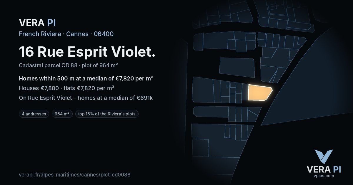16 Rue Esprit Violet, Cannes at night – the plot lit, the parcels around coloured by the prices near them