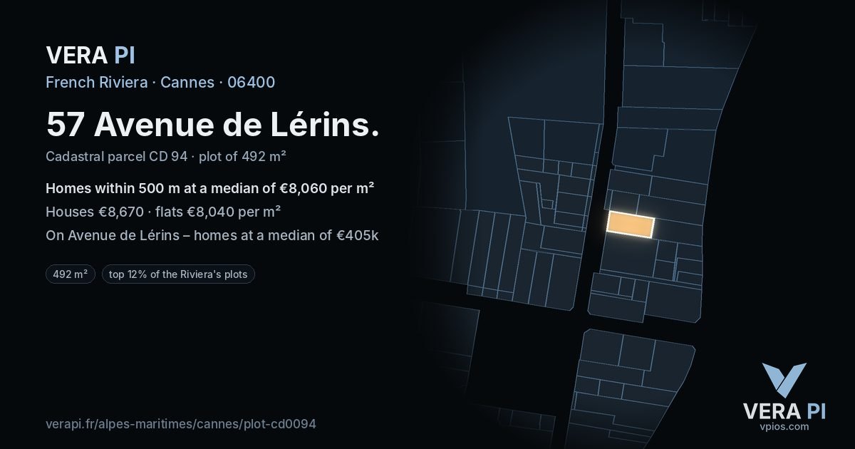 57 Avenue de Lérins, Cannes at night – the plot lit, the parcels around coloured by the prices near them