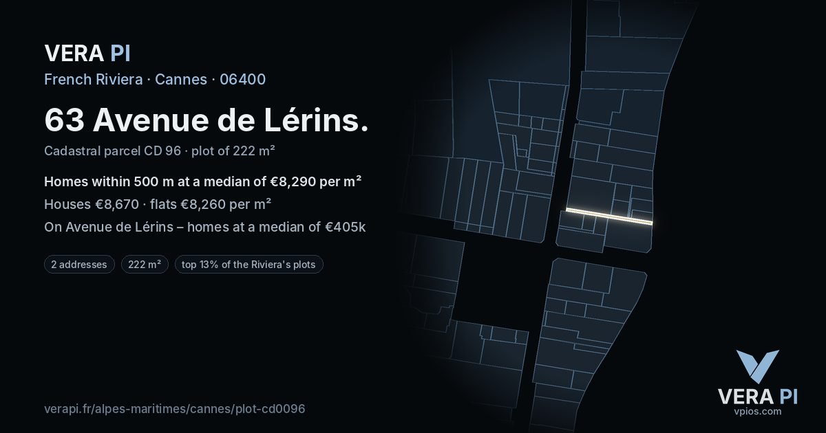 63 Avenue de Lérins, Cannes at night – the plot lit, the parcels around coloured by the prices near them