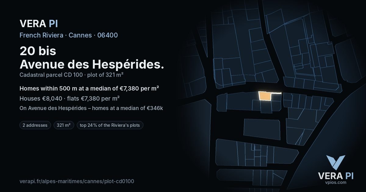 20 bis Avenue des Hespérides, Cannes at night – the plot lit, the parcels around coloured by the prices near them