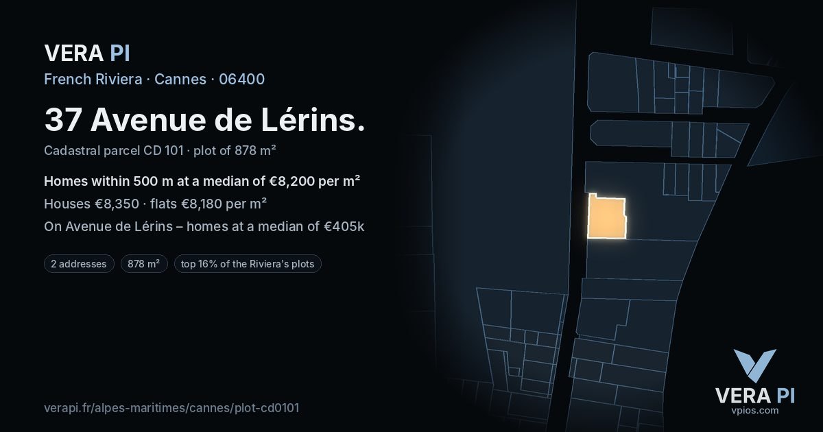 37 Avenue de Lérins, Cannes at night – the plot lit, the parcels around coloured by the prices near them