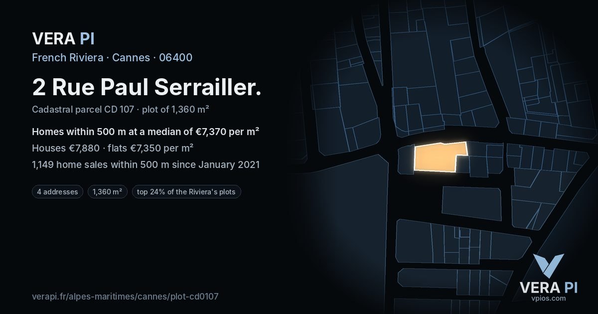 2 Rue Paul Serrailler, Cannes at night – the plot lit, the parcels around coloured by the prices near them
