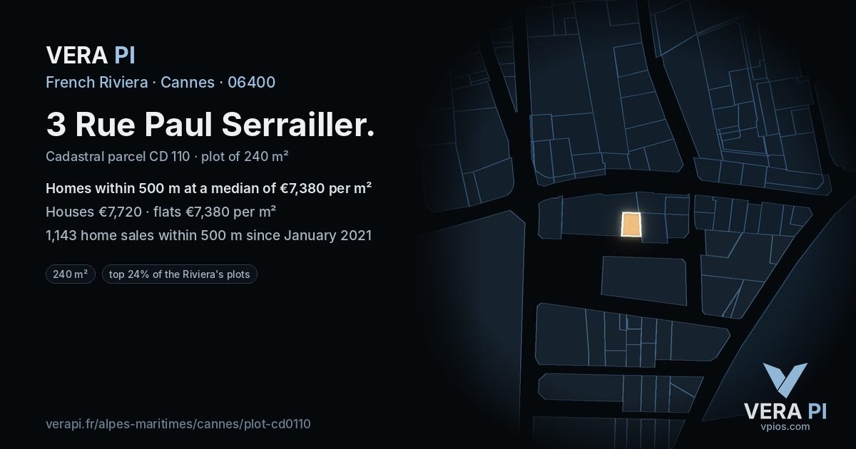 3 Rue Paul Serrailler, Cannes at night – the plot lit, the parcels around coloured by the prices near them