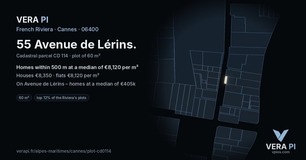 55 Avenue de Lérins, Cannes at night – the plot lit, the parcels around coloured by the prices near them