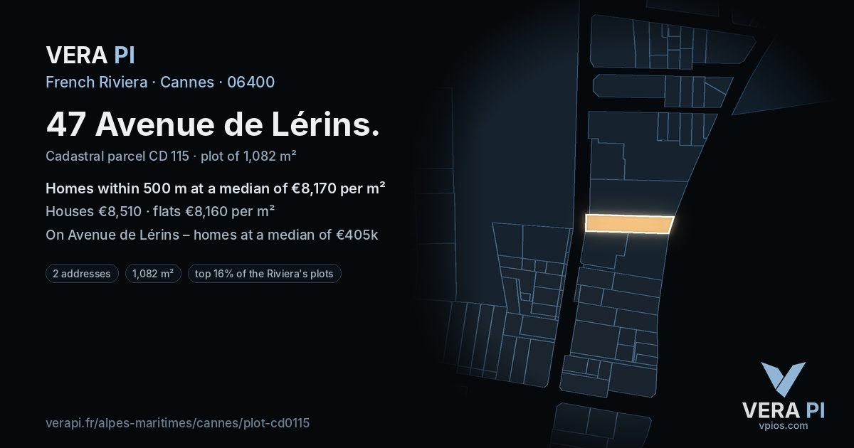 47 Avenue de Lérins, Cannes at night – the plot lit, the parcels around coloured by the prices near them