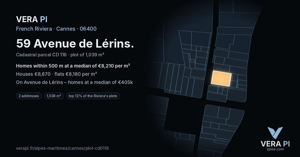 59 Avenue de Lérins, Cannes at night – the plot lit, the parcels around coloured by the prices near them