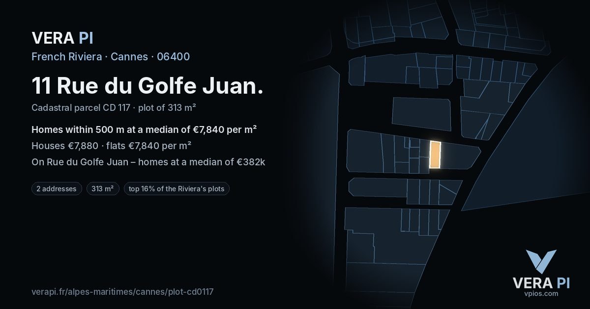 11 Rue du Golfe Juan, Cannes at night – the plot lit, the parcels around coloured by the prices near them