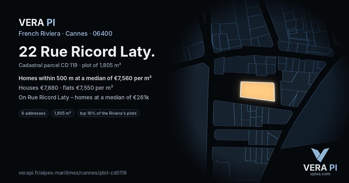 22 Rue Ricord Laty, Cannes at night – the plot lit, the parcels around coloured by the prices near them