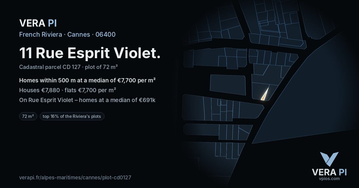 11 Rue Esprit Violet, Cannes at night – the plot lit, the parcels around coloured by the prices near them