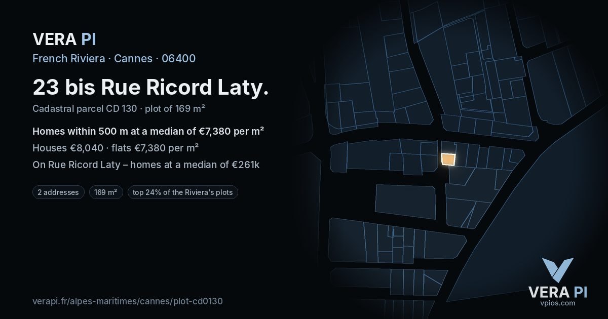 23 bis Rue Ricord Laty, Cannes at night – the plot lit, the parcels around coloured by the prices near them