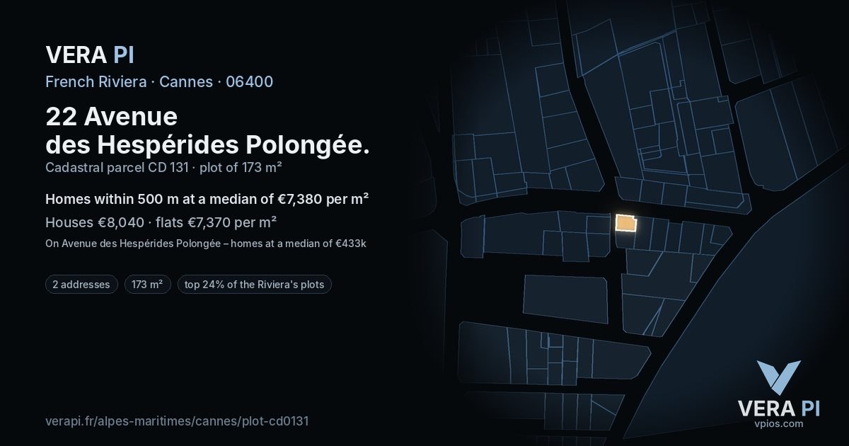 22 Avenue des Hespérides Polongée, Cannes at night – the plot lit, the parcels around coloured by the prices near them