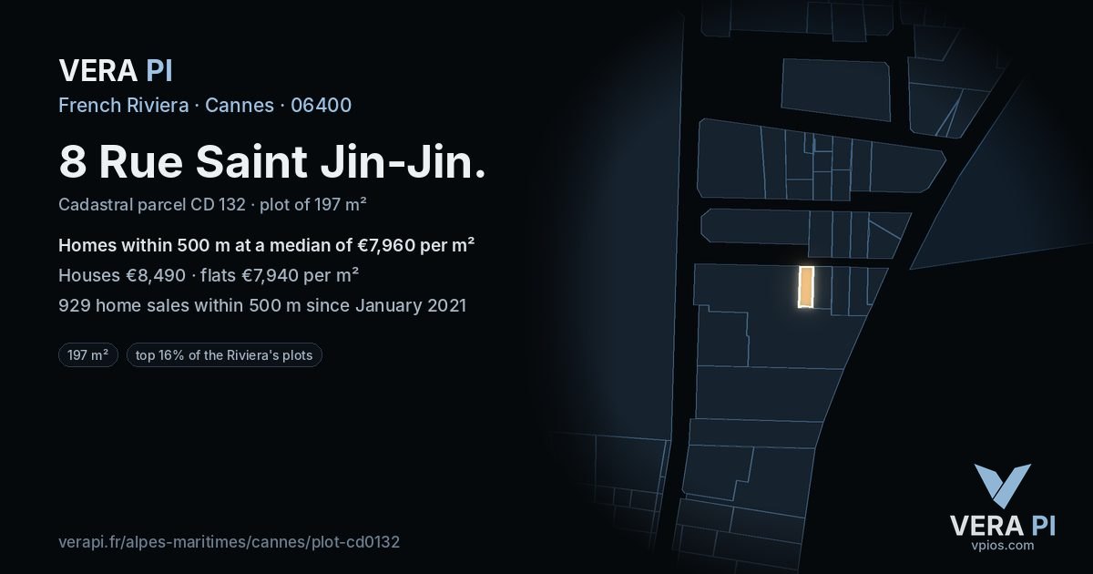 8 Rue Saint Jin-Jin, Cannes at night – the plot lit, the parcels around coloured by the prices near them