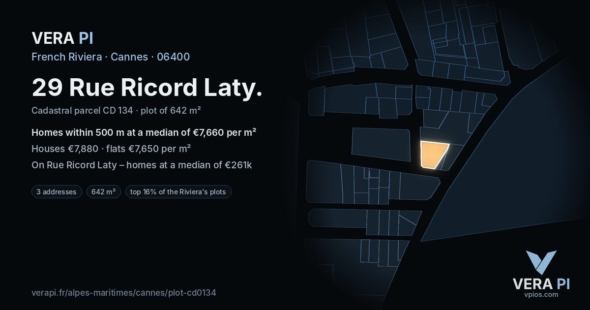 29 Rue Ricord Laty, Cannes at night – the plot lit, the parcels around coloured by the prices near them
