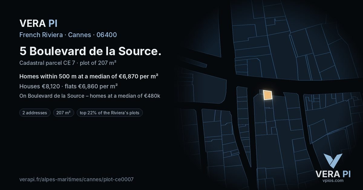 5 Boulevard de la Source, Cannes at night – the plot lit, the parcels around coloured by the prices near them