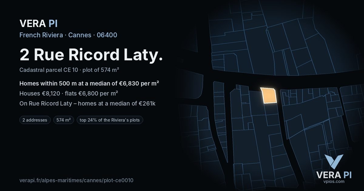 2 Rue Ricord Laty, Cannes at night – the plot lit, the parcels around coloured by the prices near them