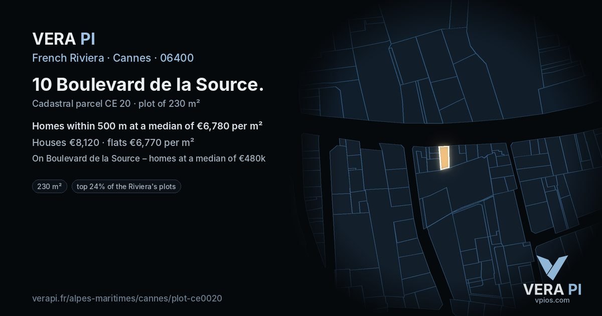 10 Boulevard de la Source, Cannes at night – the plot lit, the parcels around coloured by the prices near them