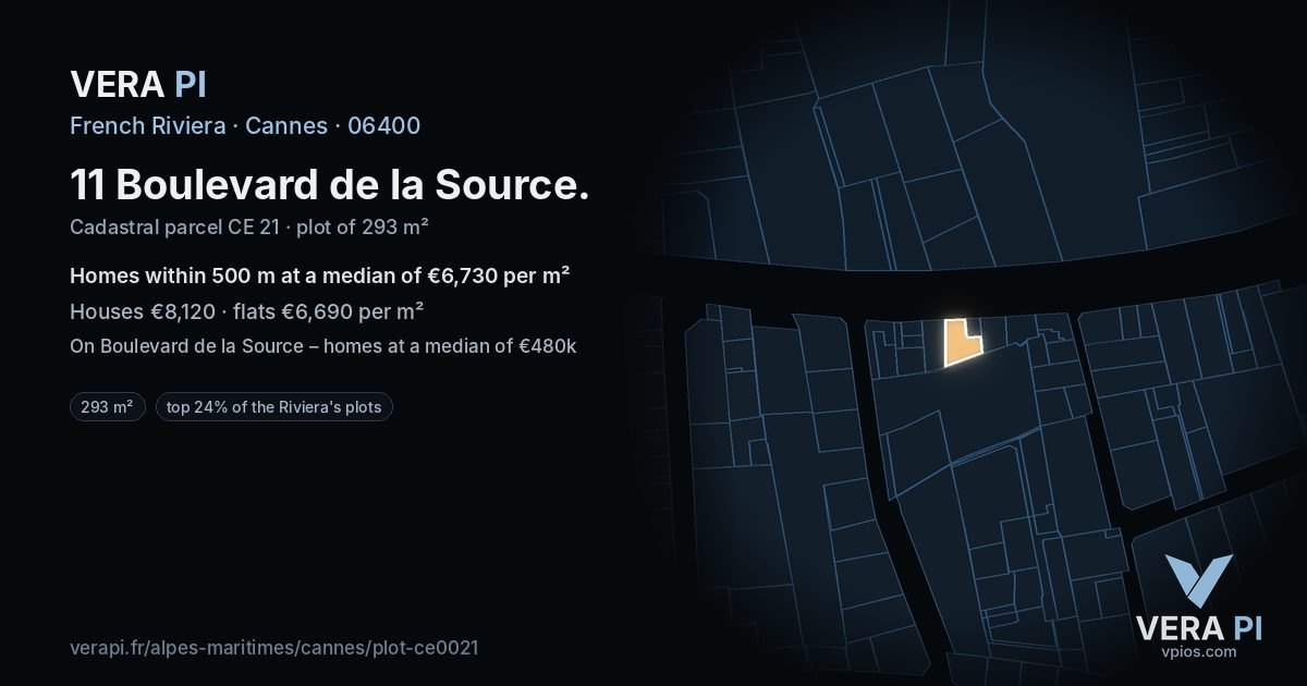 11 Boulevard de la Source, Cannes at night – the plot lit, the parcels around coloured by the prices near them