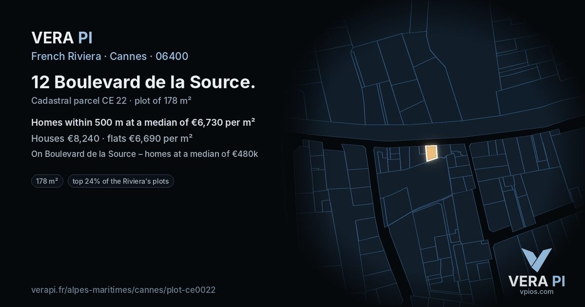 12 Boulevard de la Source, Cannes at night – the plot lit, the parcels around coloured by the prices near them