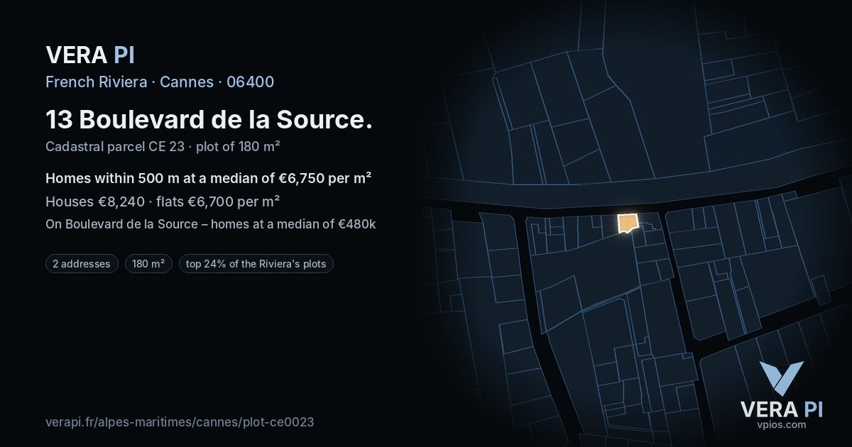 13 Boulevard de la Source, Cannes at night – the plot lit, the parcels around coloured by the prices near them