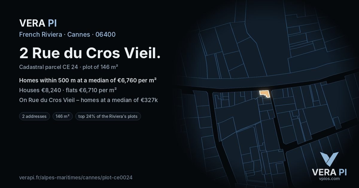 2 Rue du Cros Vieil, Cannes at night – the plot lit, the parcels around coloured by the prices near them