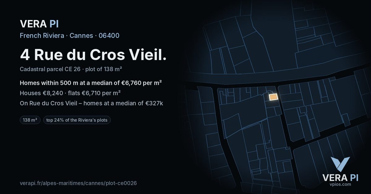 4 Rue du Cros Vieil, Cannes at night – the plot lit, the parcels around coloured by the prices near them