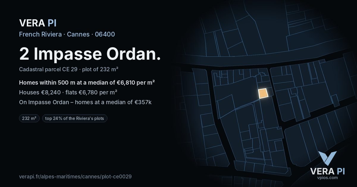 2 Impasse Ordan, Cannes at night – the plot lit, the parcels around coloured by the prices near them