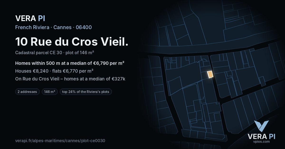 10 Rue du Cros Vieil, Cannes at night – the plot lit, the parcels around coloured by the prices near them